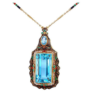 Arts & Crafts 40 Carat Aquamarine Seed Pearl Enamel Necklace Estate Fine Jewelry