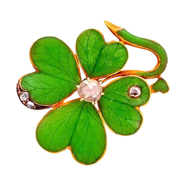 Enamel and Diamond Four Leaf Clover Gold Shamrock Brooch Pin Estate Fine Jewelry