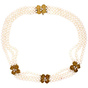 Tiffany & Co. Triple-Strand Pearl and Diamond Gold Necklace Fine Estate Jewelry