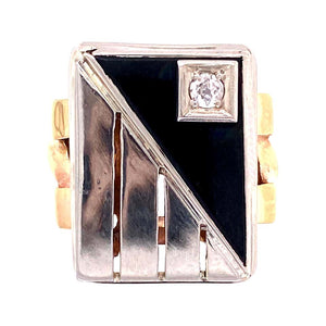 Mid-Century Modern Onyx and Diamond 2-Tone Gold Tablet Ring Fine Estate Jewelry