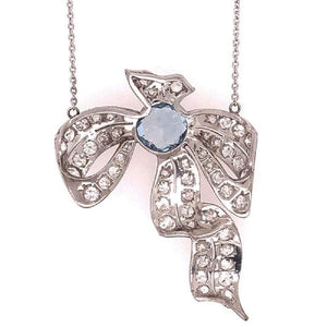 Art Deco Aquamarine and Diamond Platinum Bow Necklace Fine Estate Jewelry