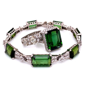 13.65 Carat Green Tourmaline and Diamond Platinum Ring Estate Fine Jewelry