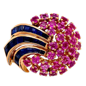 Antique Retro Pink and Blue Sapphires Gold Brooch Pin Estate Fine Jewelry France