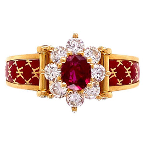 Ruby and Diamond Red Enamel Gold Ring Fine Estate Jewelry France