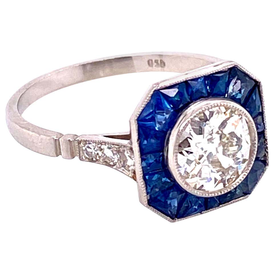 Diamond And Blue Sapphire Platinum Halo Art Deco Style Ring Estate Fin -  Coach Luxury