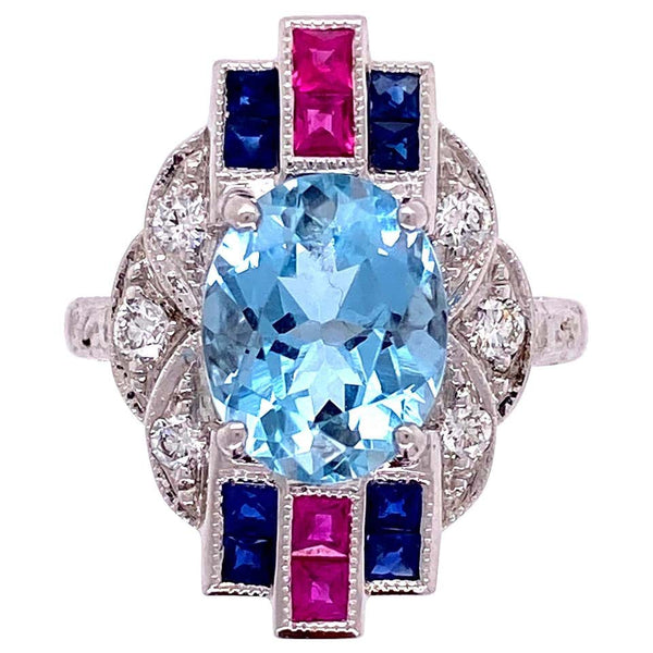 2.53 Ct. Aquamarine Diamond Ruby Sapphire Gold Cocktail Ring Estate Fine Jewelry