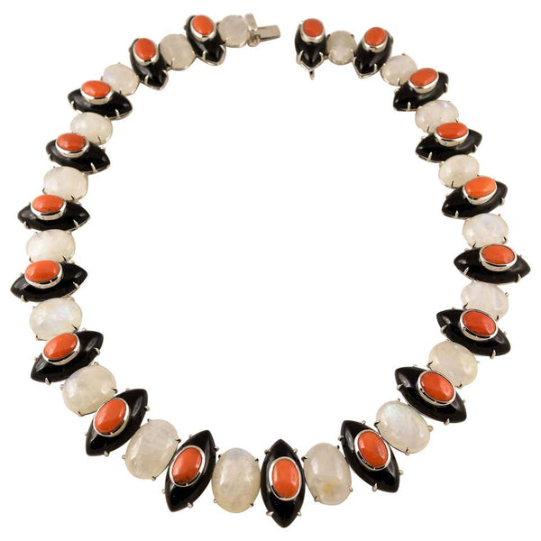 Moonstone, Coral and Black Onyx Gold Necklace Tony Duquette Fine Jewelry
