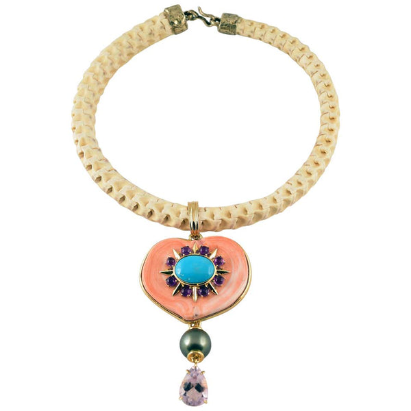 Coral, Turquoise, Amethyst and Pearl Gold Necklace Tony Duquette Fine Jewelry