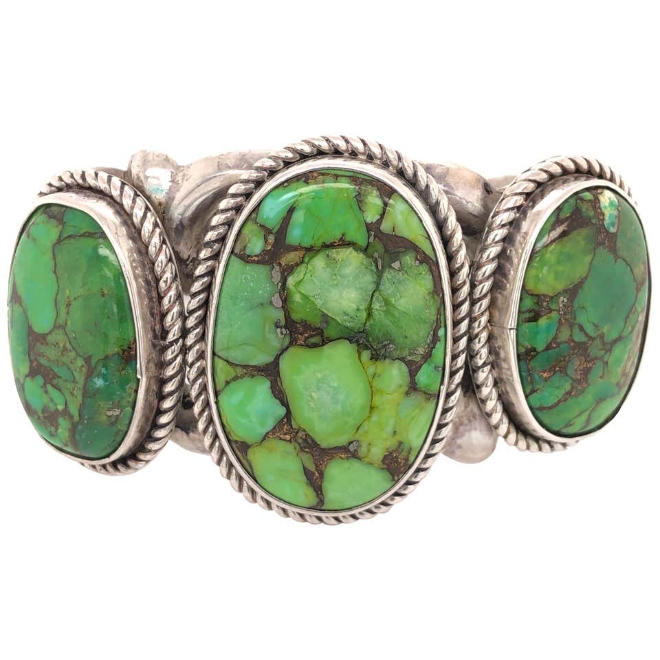 Native American Navajo Green Turquoise 925 Silver Cuff Bracelet
