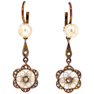 Diamond and Pearl Rose Gold Victorian Style Drop Earrings Fine Estate Jewelry