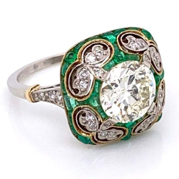 Emerald and Diamond Art Deco Style Platinum Engagement Ring Fine Estat ...