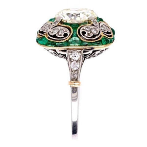Emerald and Diamond Art Deco Style Platinum Engagement Ring Fine Estate Jewelry