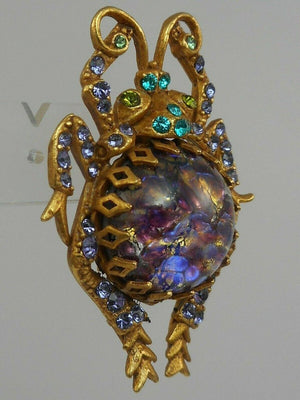 Vintage Askew London Glass Fire Opal Amethyst Scarab Bug Estate Brooch Pin