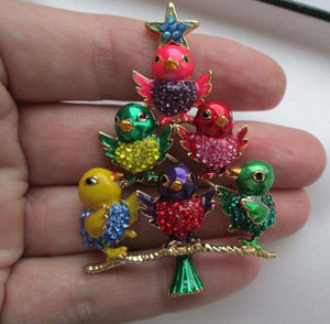 Butler Wilson Designer BW Enamel and Crystal Chick Bird Christmas Tree Brooch Pin