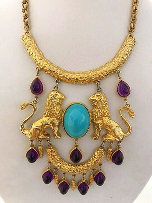 Vintage Signed Donald Stannard Twin Lions Turquoise Amethyst Statement Necklace