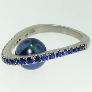 Lucious Black Pearl and Blue Sapphire Sterling Silver Ring