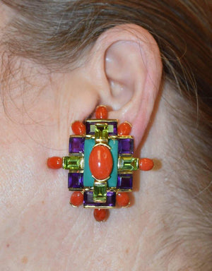 Tony Duquette Coral Turquoise Amethyst Peridot Gold Statement Earrings