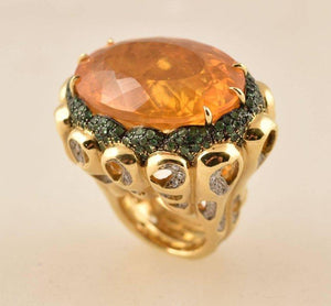 Beautiful Tony Duquette Fire Opal, Tsavorite and Diamond Gold Statement Ring