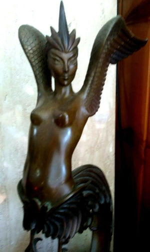 Erté Signed Art Deco Style Bronze Winged Nude Sculpture Titled Firebird