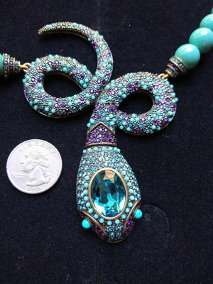 Signed HEIDI DAUS Designer Faux Turquoise and Crystal Snake Necklace Estate Find