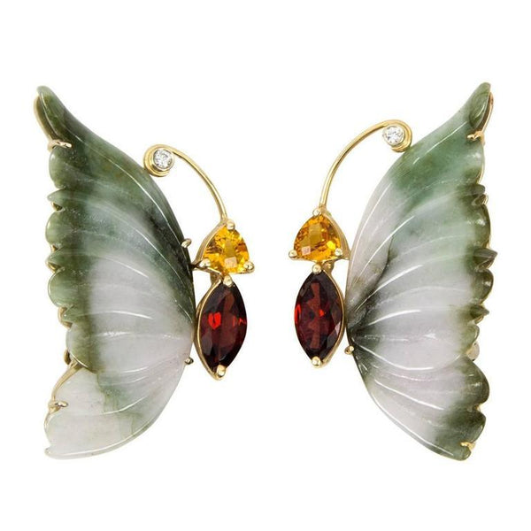Stunning Jade Garnet Citrine Diamond Gold Butterfly Brooches