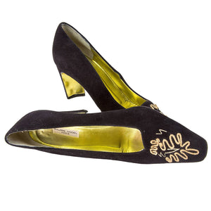 Philippe Model Paris Black Suede Gold Embroidery High Heel Shoes