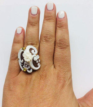 Flower and Swirl Carved Cameo Rose Gold Sterling Silver Ring