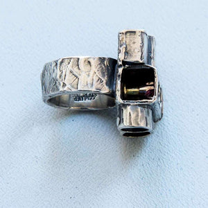Walter Schluep Cubist Garnet Pearl Gold Sterling Silver Ring