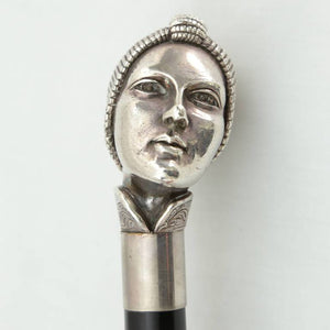 Art Deco Female Head, Silver and Wood Cane or Walking Stick