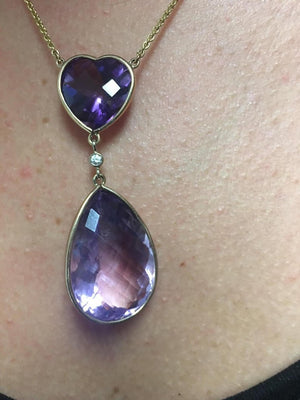 Heart and Teardrop Amethyst Diamond Gold Pendant Necklace