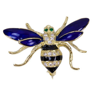 Beautiful Enamel Diamond Gold Bee Fly Brooch Pin