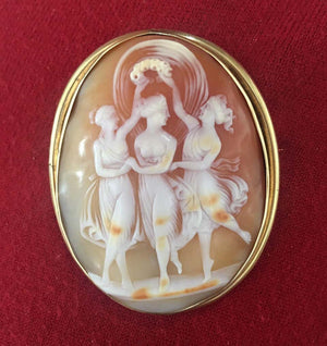Three Graces Hand Carved Shell Cameo Yellow Gold Pin Pendant Estate Fine Jewelry