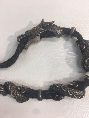 Awesome Sterling Silver Dragon and Black Leather Statement Bracelet