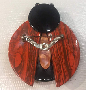 Large Ladybug Lea Stein Orange & Black Ladybird Brooch Pin Estate Jewelry