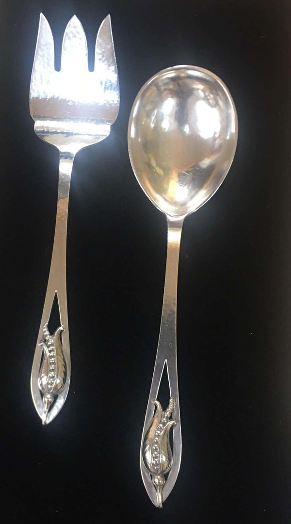 Carl Poul Petersen Sterling Silver Fork and Spoon Blossom Corn Flower Servers