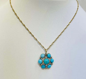 Antique Turquoise and Diamond Charm Pendant Necklace Estate Fine Jewelry