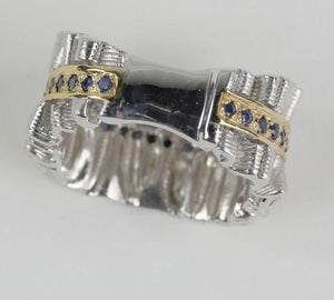 Vintage Sapphire Band 14K Gold Accents Sterling Silver Ring Estate Fine Jewelry