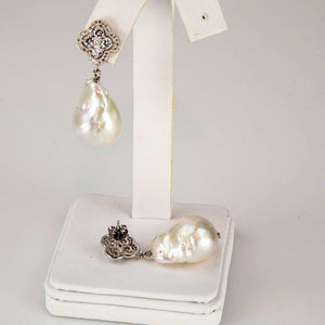 Pearl and Faux Diamond Drop Sterling Silver Statement Earrings