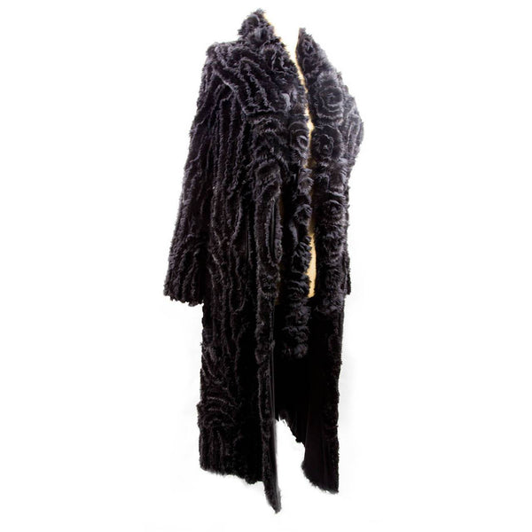 Exquisite Long Black Mink Fur and Silk Ribbon Runway Coat and Matching Scarf