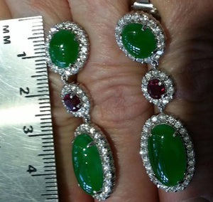 Natural Jade Ruby Diamond Gold Drop Earrings