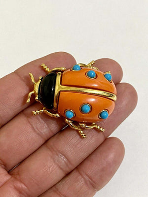 Signed KJL by Kenneth Jay Lane Faux Coral and Turquoise Ladybug Brooch Pin