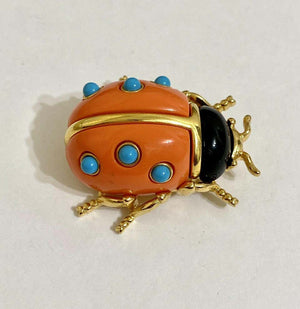 Signed KJL by Kenneth Jay Lane Faux Coral and Turquoise Ladybug Brooch Pin