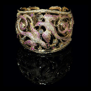 Birds of Paradise Pink Sapphires and Diamonds Rose Gold Wide Cuff Bracelet