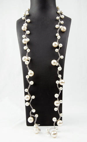 Long and Elegant faux Pearl Braided Wire Necklace