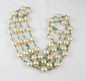 Long 84" Faux Pearl and Turquoise Glass Sautoir Runway Necklace