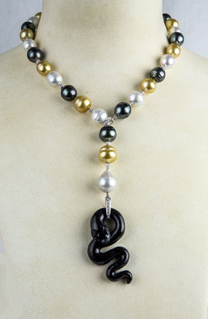 Black Jade Pearl Diamond 18Karat Gold Serpent Snake Necklace Estate Fine Jewelry