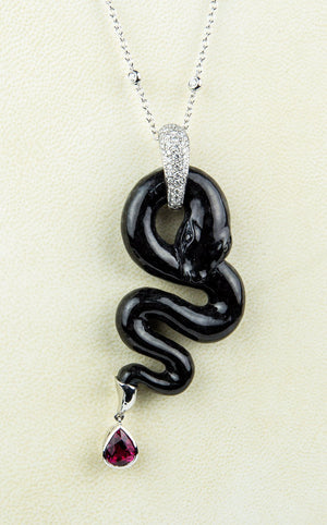 Black Jade Rubellite Diamond Gold Snake Statement Necklace