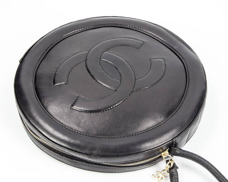 Chanel Round Black Logo Quilted Top Handle Leather Handbag New