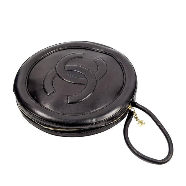 Chanel Round Black Logo Quilted Top Handle Leather Handbag New Unworn
