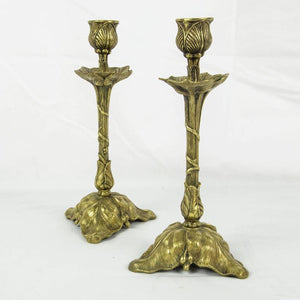 Art Nouveau Pair Brass Tulip Candlesticks France